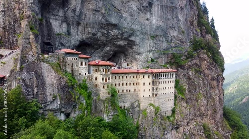 Aerial view of Sumela monastery in mountain landscape