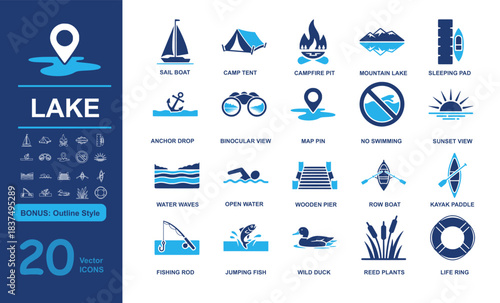 Set of 20 modern lake vector icons including sail boat, camp tent, campfire, and outdoor elements in filled and outline styles. Perfect for nature, recreation, and adventure projects