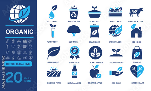 Set of 20 modern organic vector icons including eco drop, recycle bin, plant pot, and eco elements in filled and outline styles. Perfect for sustainability, farming, and green living projects
