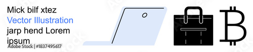 Business, cryptocurrency, technology, finance, e-commerce, trade. Minimalist ion of a laptop, briefcase and Bitcoin symbol. Business and cryptocurrency concept