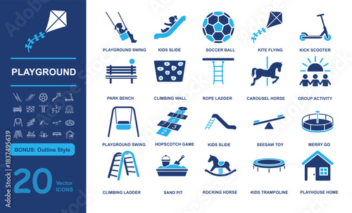 Set of 20 modern playground vector icons including swing, kids slide, soccer ball, and play equipment in filled and outline styles. Perfect for children, recreation, and outdoor projects