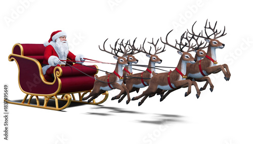 Santa Claus rides a sleigh pulled by six reindeer during the Christmas season at night. Isolated on transparent background