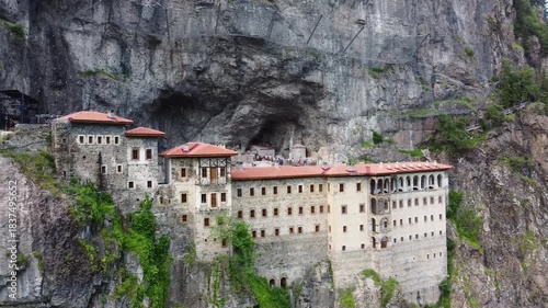 Aerial view of Sumela monastery in mountain landscape