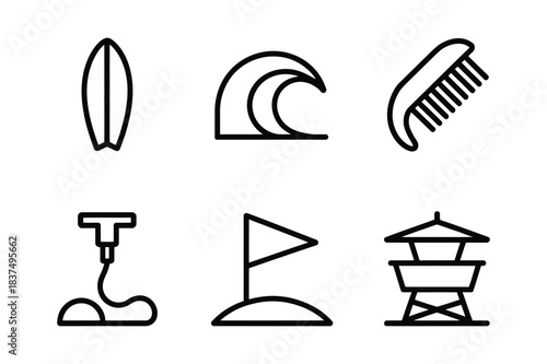 Outline vector icons of summer beach leisure and sport elements