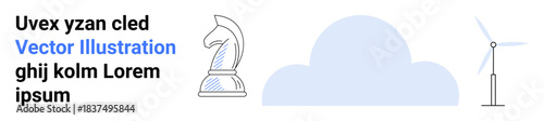 Strategic planning, renewable energy, sustainability, technology, cloud computing, modern concepts. Chess knight, cloud graphic and wind turbine. Strategy and renewable energy concept