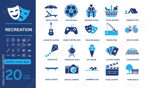 Set of 20 modern recreation vector icons including beach chair, soccer ball, guitar, and outdoor activities in filled and outline styles. Perfect for leisure, hobbies, and fun projects