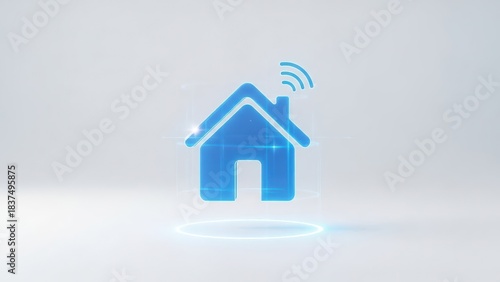 Blue Hologram of a Home House Icon, Smart Home, isolated on white background