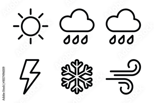 Outline weather icons: sun, rain, snow, wind, lightning elements