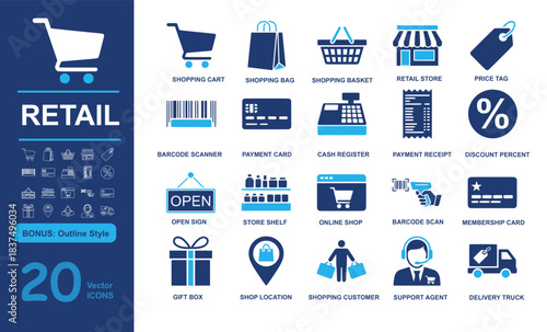 Set of 20 modern retail vector icons including shopping cart, bag, basket, and payment tools in filled and outline styles. Perfect for e-commerce, store, and sales projects