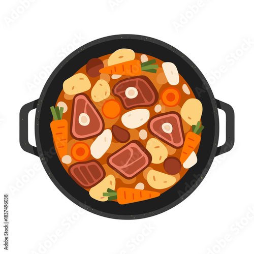 Traditional Irish stew top view illustration for cookbooks recipe blogs and food themed design projects