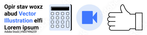 Finance, education, media, approval icons, graphic design, user interface. A calculator, video icon and thumbs up symbol with text. Finance and education-related concepts