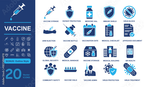 Set of 20 modern vaccine vector icons including syringe, patient protection, medicine vial, and health tools in filled and outline styles. Perfect for medical, immunity, and safety projects