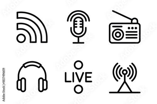 Line icons of broadcasting, podcasting, and audio media concepts