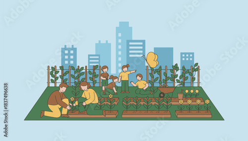 A community garden thriving in an urban setting showcasing volunteers planting and tending to various crops while children explore the beauty of nature.