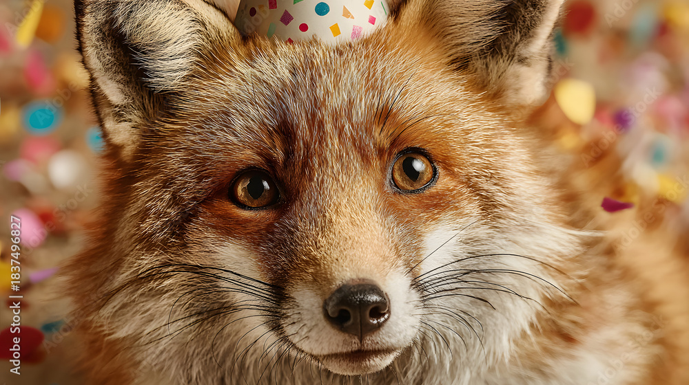 Naklejka premium Cute fox wearing a party hat celebrating with colorful confetti