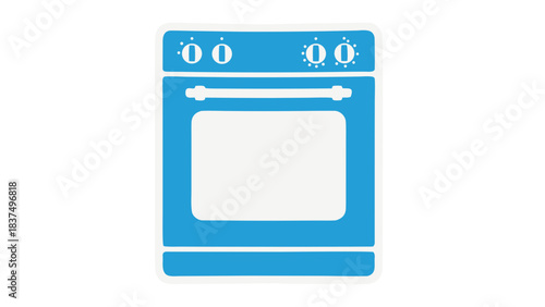 A simple blue and white icon graphic of a kitchen oven on a black background with two control knobs on top and a baking door in the center