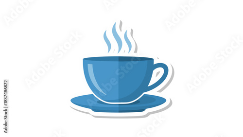 A Simple Blue Ceramic Coffee Cup Filled With Hot Beverage Emitting Steam On A Matching Saucer With A White Outline Isolated On A Black Background With Soft Shadows