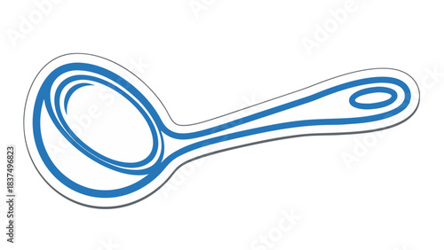 A Simple Blue Line Art Drawing of a Ladle on a White Background with a Subtle Drop Shadow