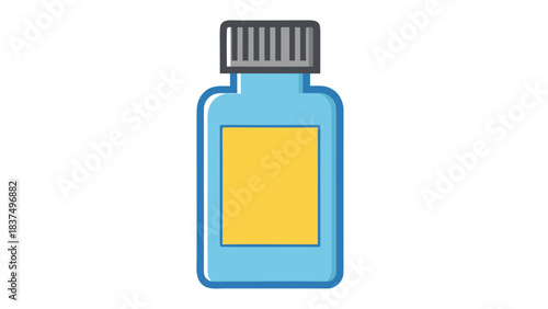A Simple Light Blue Bottle With a Yellow Label and Gray Cap On A Black Background Perfect For Medical or Chemical Content Creation
