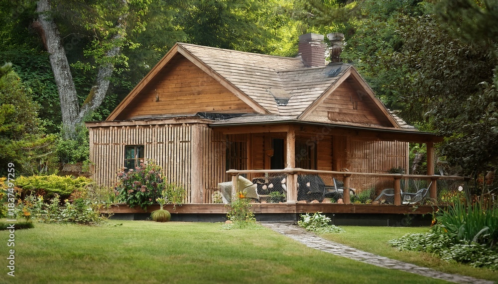 Fototapeta premium rustic wooden cabin nestled in lush greenery featuring a garden and porch