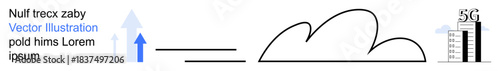 Data communication, cloud computing, 5G connectivity, technology advancement, digital information, network infrastructure. Arrows pointing up, a cloud and a 5G bar chart. Cloud computing and 5G