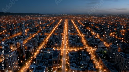 Aerial view of a vibrant cityscape at dusk, showcasing illuminated streets and buildings, with a gradual zoom out revealing the expansive urban layout and atmosphere of the bustling metropolis