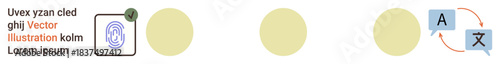 Identity verification, cybersecurity, translation services, data protection, secure connection, online authentication. Fingerprint icon and language translation graphic. Identity verification