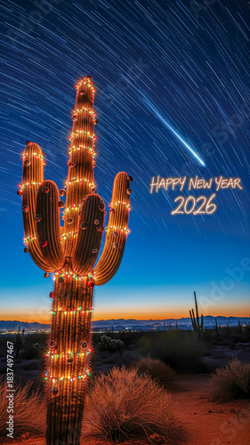 Festive Saguaro cactus with Christmas lights and ornaments in a desert landscape. Star trails sky with shooting star and glowing Happy New Year 2026 text. Southwest holiday greeting card concept.