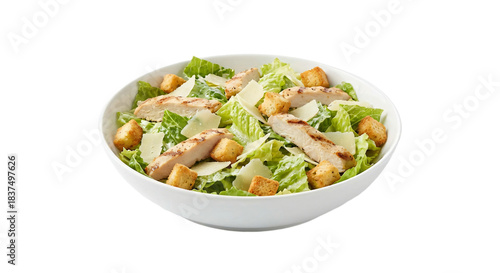Classic Chicken Caesar Salad isolated on transparent background, with grilled chicken, fresh romaine lettuce, parmesan cheese, and golden croutons, healthy studio shot.