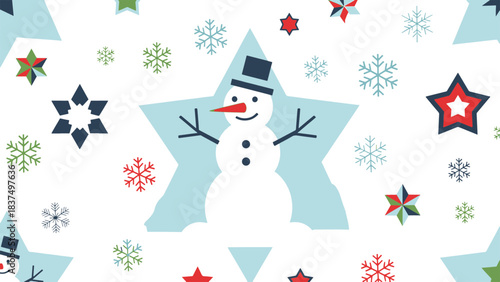 Festive Winter Pattern Cheerful Snowman Snowflakes and Stars on a Seamless Background Geometric