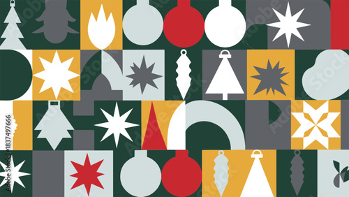 Modern Geometric Holiday Pattern with Festive Ornaments and Stars Seasonal Background Design Geometric
