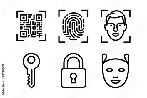 Security and authentication icons set qr code, fingerprint, face scan, key, lock, and mask isolated on white