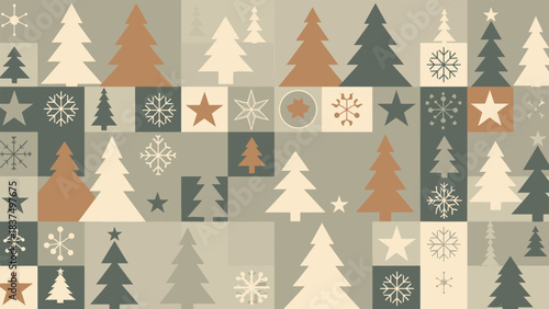 Modern Winter Holiday Seamless Pattern with Stylized Evergreen Trees Stars and Snowflakes in Neutral Tones Geometric