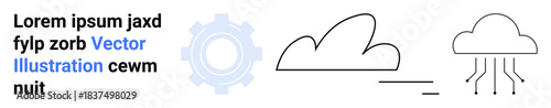 Cloud computing, data synchronization, innovation, digital technology, user interface, technical services. Abstract composition with cloud outlines and gear graphic. Cloud computing and data
