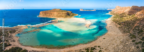 Amazing drone view of Balos Lagoon and white sandy beach, Crete, Greece