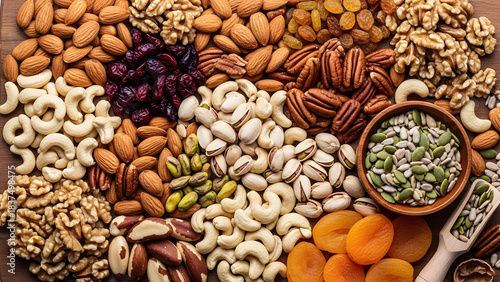Nut Variety Extravaganza: A vibrant arrangement of various nuts and dried fruits, each type showcased in all its natural splendor, inviting a celebration of healthy eating and natural flavors.