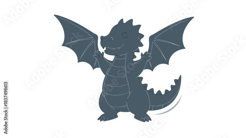 A stylized silhouette of a small, friendly dragon with outstretched wings and a determined expression against a stark black background with a subtle white outline