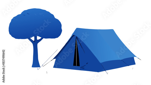 A Vibrant Blue Silhouette of a Camping Tent and a Tree on a Black Background Representing Outdoor Adventure and Nature