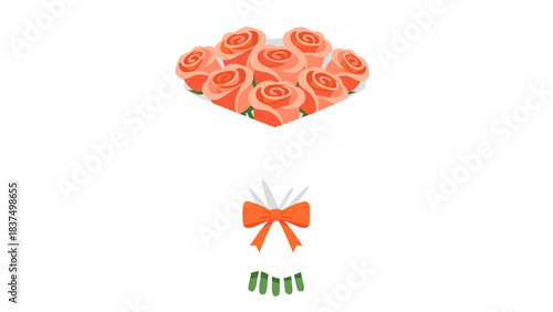 A Vibrant Bouquet of Peach Roses Elegantly Wrapped in White Paper Tied with an Orange Ribbon Set Against a Pure Black Background