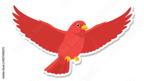 A Vibrant Red Bird With Outstretched Wings and a Yellow Beak is Flying Against a Black Background With a White Outline and Soft Shadow Detail