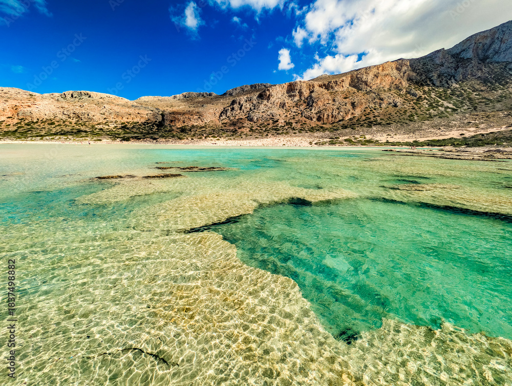 Fototapeta premium Amazing drone view of Balos Lagoon and white sandy beach, Crete, Greece