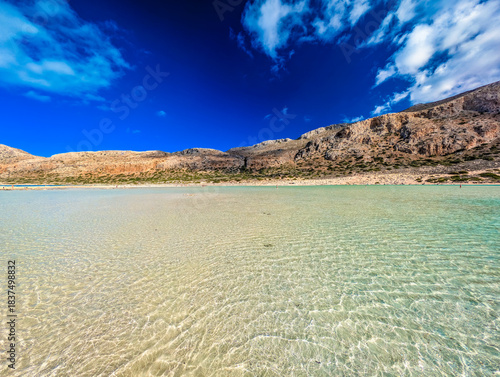 Amazing drone view of Balos Lagoon and white sandy beach, Crete, Greece