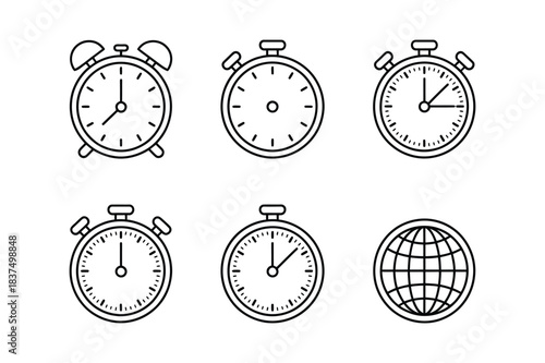 Set of six time icons alarm clocks, stopwatches, and globe isolated on white background