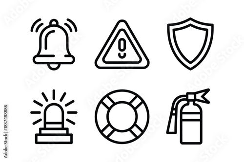 Set of six safety and warning icons alarm bell, caution sign, shield, siren light, lifebuoy, fire extinguisher, isolated on white