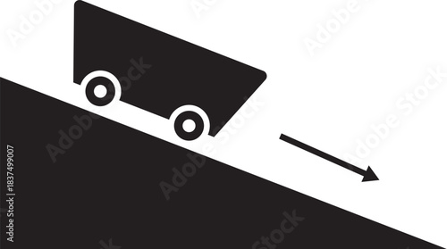 Warning: Downhill Transport: A graphic illustration showcasing a downward slope and a trolley, signifying the transport of items downhill. The simplicity conveys both caution and movement.