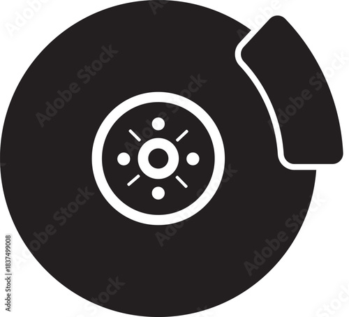Automotive Brake Disc and Pads: An illustration of a black and white car brake disc and brake pads, the very essence of automobile safety and mechanical engineering.