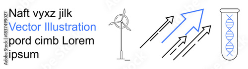 Sustainable technology, environmental science, renewable energy, genetic research, scientific innovation, laboratory analysis. Wind turbine, arrows test tube with DNA helix. Renewable energy