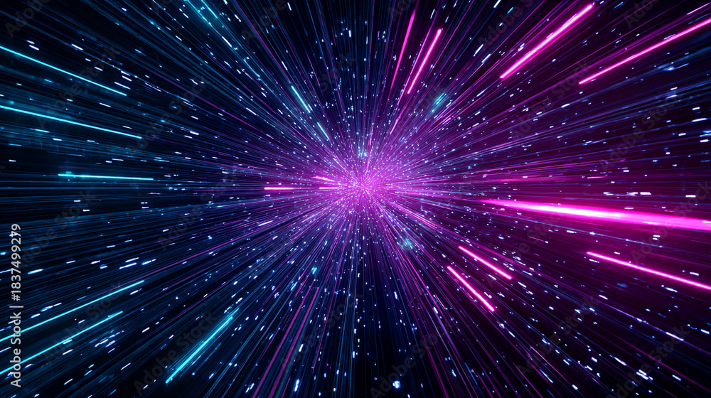 Obraz premium ネオンライトが放射状に広がる高速ワープの背景 