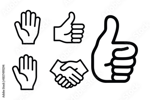 Set of hand gestures icons thumbs up, open hand, and handshake, isolated on white