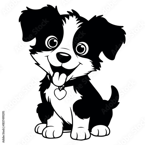 Vector a cartoon puppy with black and white fur sits happily wearing a heart shaped tag on its collar